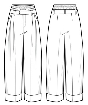 Women High Waist Pleated Wide Leg Pants Technical Flat Sketch, Tailored Trousers Front and Back