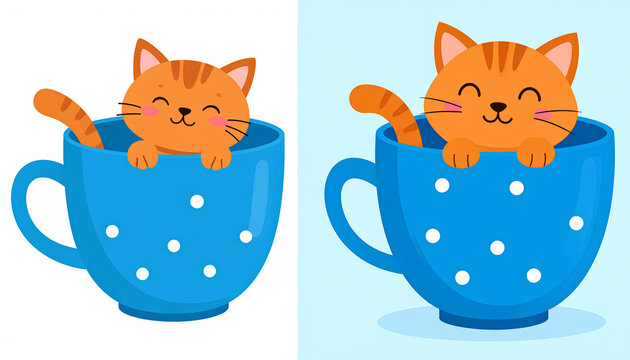 set cartoon style of adorable ginger cat sitting inside a blue ceramic teacup with saucer illustration for kids.