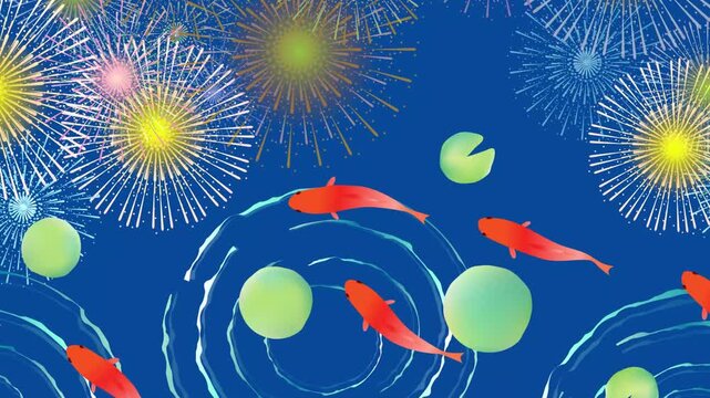 Beautiful Japanese summer background with fireworks and swimming goldfish