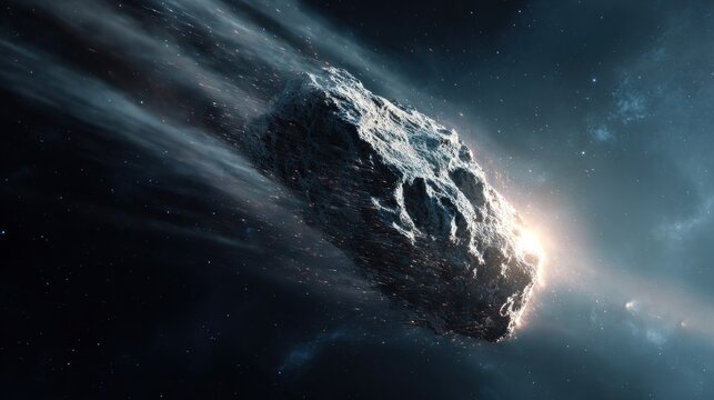 Large asteroid hurtling through space with light emanating from it