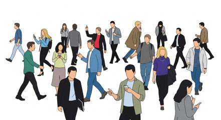 Obraz premium Diverse Group of People Walking and Using Smartphones.