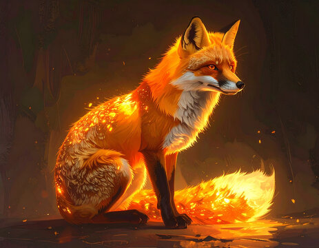 Magical mystical fire fox glowing in the dark forest.