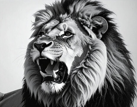 Majestic male lion roaring portrait in black and white.