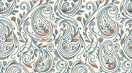 Intricate paisley pattern design with flowing swirls and floral motifs on a seamless textile background. © izzstudio