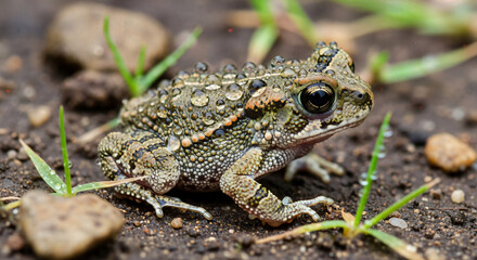 Fototapeta premium Bumpy Toad Skin with Sparkling Water Droplets Macro Close-up
