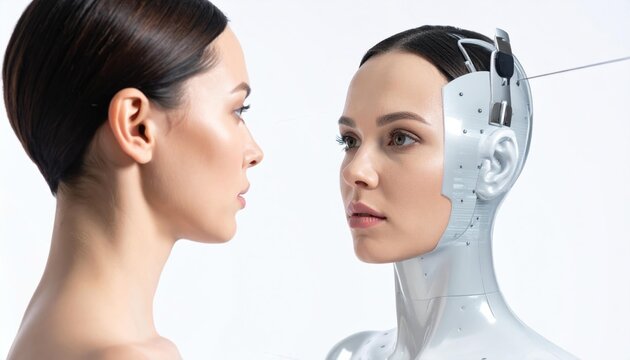 Humanoid Robot and Woman Facing Each Other.