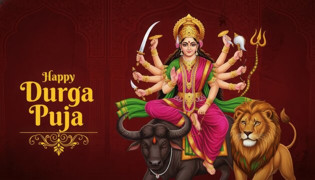 Goddess durga riding lion and tiger during durga puja celebrations