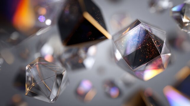 Abstract crystal geometric shapes floating with light reflections