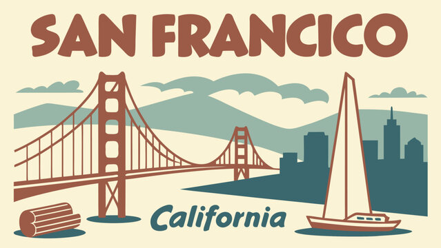 San Francisco CA skyline silhouette with Golden Gate Bridge minimalist illustration