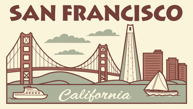 Modern San Francisco cityscape and Golden Gate Bridge vector travel wall art