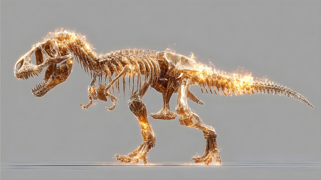 A 3d render of a prehistoric tyrannosaurus rex skeleton fossil isolated on white, featuring a black skull and bones resting in the desert sand like a dragon illustration