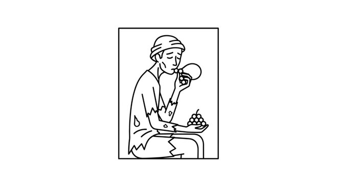 Thin Person Eating Grapes and Drinking from a Flask