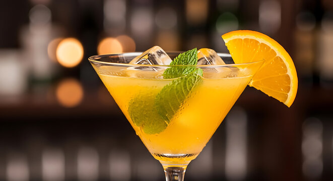 Refreshing orange cocktail in a glass with mint and orange slice on transparent background
