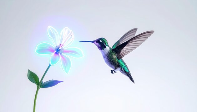 Hummingbird Feeding on White Flower in Flight.