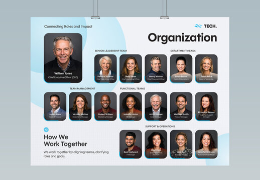 Organization Chart Poster Template, Corporate Team Hierarchy Infographic & Org Structure Layout for Landscape Meet The Team Poster Flyer
