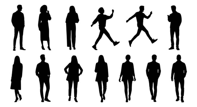 Diverse silhouettes of people in various dynamic poses isolated on transparent background, Vector