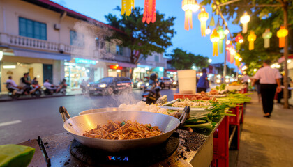 Fototapeta premium Thai street food vendor cook meal local market outdoor culinary asian night happy atmosphere prepares delicious dish authentic dining travel travel landscape culinary lifestyle vibrant flavor
