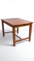 Fototapeta premium Wooden table, brown in color, rectangular, sitting on a white surface, well lit
