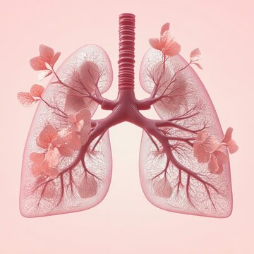 delicate pink human lungs with trachea and branching bronchi and bronchioles intertwined with blooming flowers and leaves on a soft pastel background, evoking calm vitality