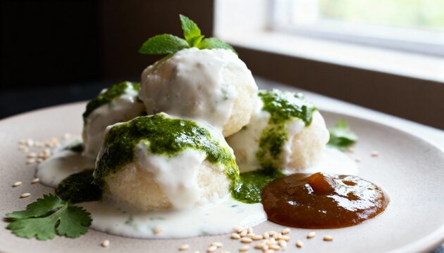 Dahi Vada with Yogurt and Chutney on Plate with Copy Space