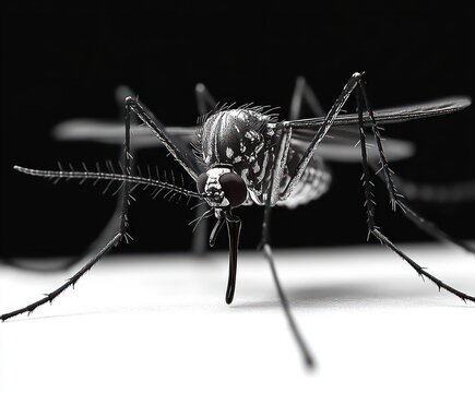 close-up macro of a mosquito perched on a pale surface with spindly hairy legs, long proboscis and antennae against a stark black background, menacing intense mood