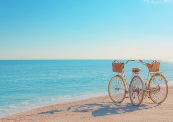 Fototapeta premium Two vintage bicycles with wicker baskets parked on a quiet sandy beach by a calm turquoise sea under a clear blue sky, evoking peaceful summer relaxation