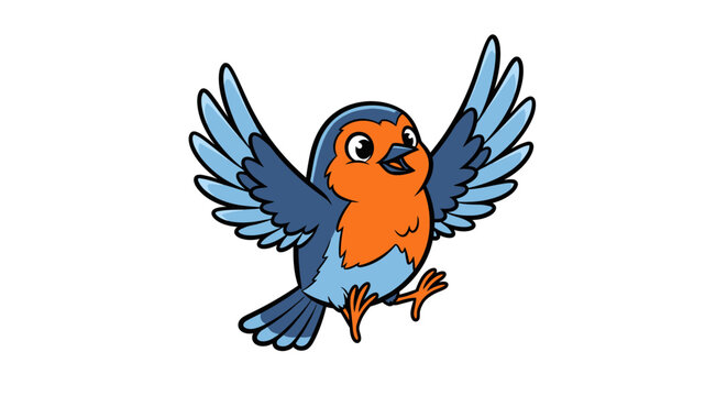 Cute cartoon robin bird with open wings in playful pose
