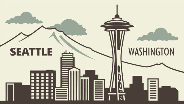 Seattle skyline silhouette with mountain background travel poster design vector