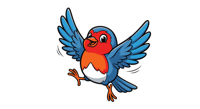 Cute cartoon robin bird in flight with wings spread wide
