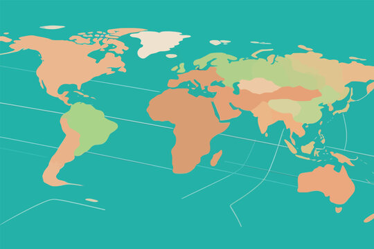 World map in simple colors showing continents and oceans for educational purposes or general reference in a clear layout