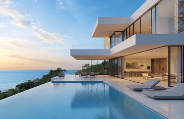 Fototapeta premium Modern oceanfront villa with infinity pool, glass walls, terrace and loungers at sunset conveying calm luxury