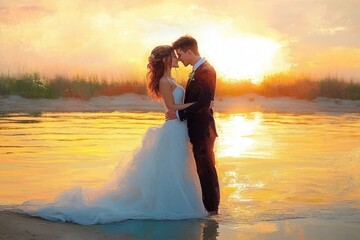Fototapeta premium bride and groom embracing in shallow water at sunset on a beach, tender romantic moment with golden light and reflections
