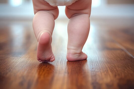 chubby baby legs and tiny bare feet in a diaper taking tentative first steps across a warm hardwood floor with soft light and a blurred background, curiosity and determination visible