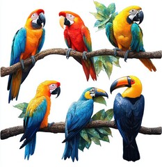Fototapeta premium five vibrant tropical parrots and one toucan perched on tree branches with green leaves, bright colorful feathers, cheerful lively group on white background