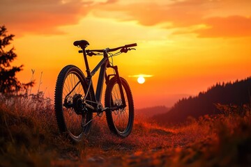 Fototapeta premium Mountain bike resting on a grassy hill trail at sunset with a warm orange sky and glowing sun over rolling forested hills, evoking peaceful adventurous solitude