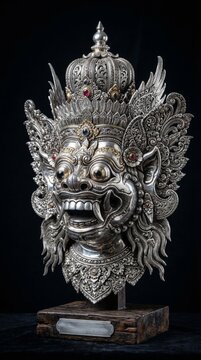 Highly detailed silver sculpture inspired by the traditional Balinese Barong mask. The intricate carvings and expressive mythical features showcase the richness of Indonesian culture and masterful sil