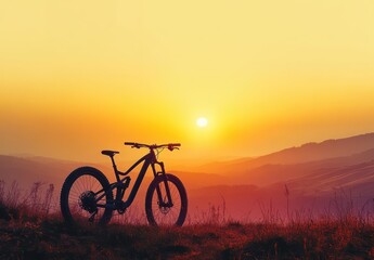 Naklejka premium Silhouetted mountain bike on a grassy hill at sunrise over layered misty hills, warm golden sky evoking peaceful solitude and adventure