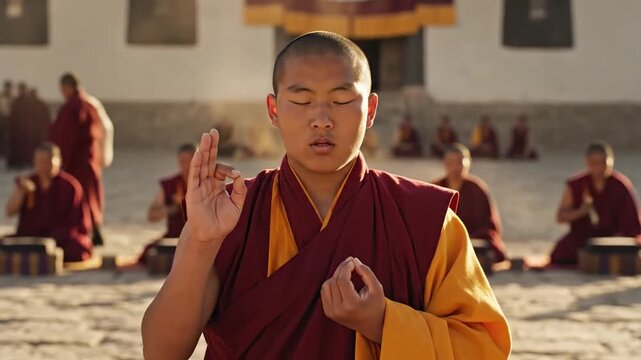 Young monk meditating with hands in mudra gesture outdoors in a monastery courtyard with other monks sitting in background, spiritual practice