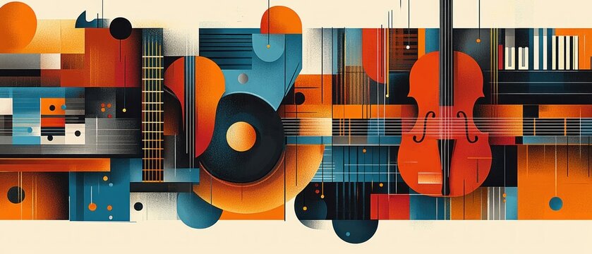 vibrant abstract geometric musical collage featuring violin, guitar, piano keys, vinyl record and strings in orange and blue conveying energetic rhythmic harmony