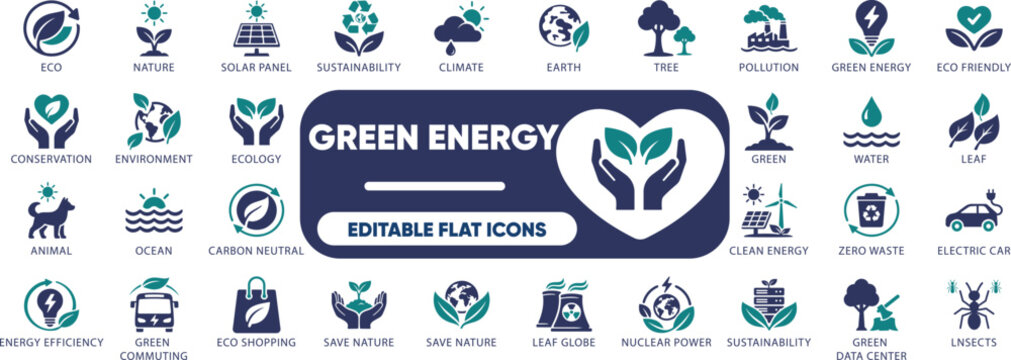 Green energy solid icon set. global, sustainability, solar, earth, renewable, panel, power, alternative, ecology, and solid icons.
