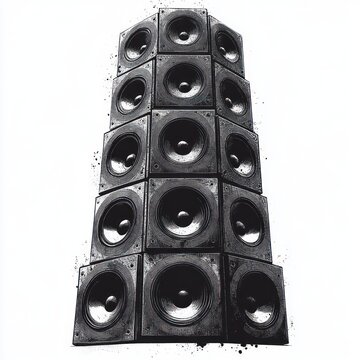 Towering stack of black speaker cabinets with exposed cone drivers in high-contrast black and white, ink-splatter look conveying powerful, booming and dramatic sound