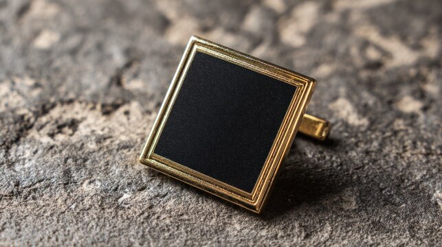 Elegant cufflink with black square and gold frame on textured surface