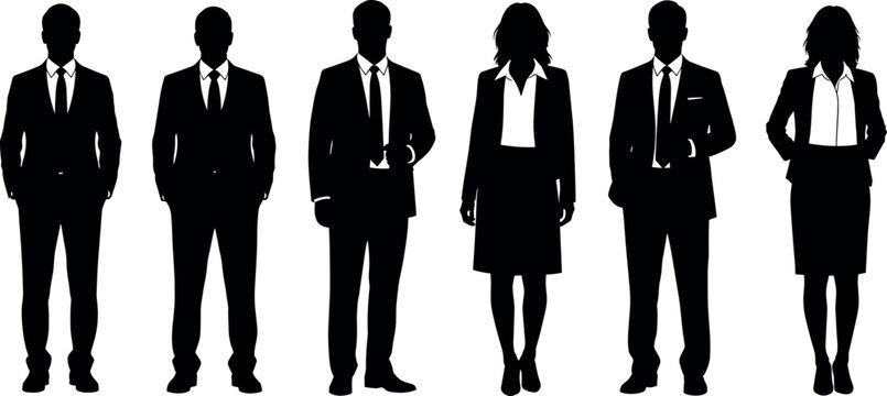 Professional business team silhouettes featuring men and women wearing formal corporate suits and standing together for commercial vector design projects.