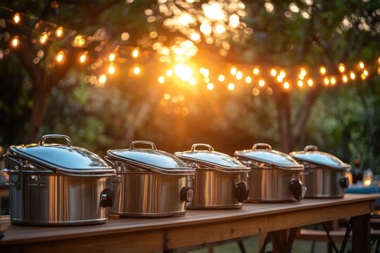 row of stainless steel slow cookers on a wooden table under string lights at sunset, warm inviting outdoor buffet with cozy golden-hour glow