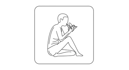 Fototapeta premium Person Sitting and Eating a Banana - Line Art Icon