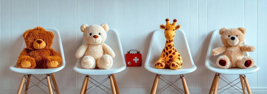 four white modern chairs holding three teddy bears and a giraffe plush with a small red first aid kit between them against a pale paneled wall, cozy playful scene