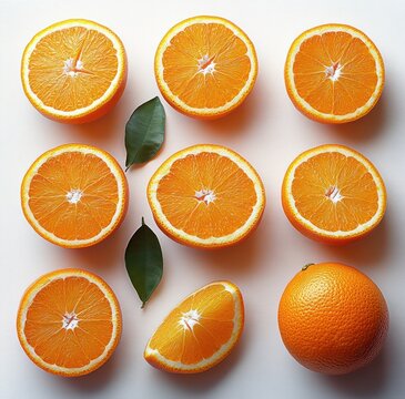 seven halved oranges, one orange wedge, one whole orange and two green leaves on a white background, fresh juicy vibrant flat lay arrangement