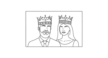 Fototapeta premium King and Queen wearing crowns, royal couple portrait, black and white line art
