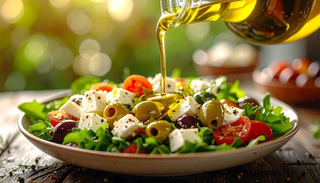 Drizzling extra virgin olive oil onto a fresh Greek salad with feta cheese