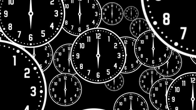 Time Passing Animation with Analog Clocks 12 Hour Loop and Forward Camera Movement Background